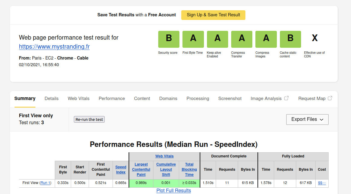 Exemple de test de performance avec WebPageTest